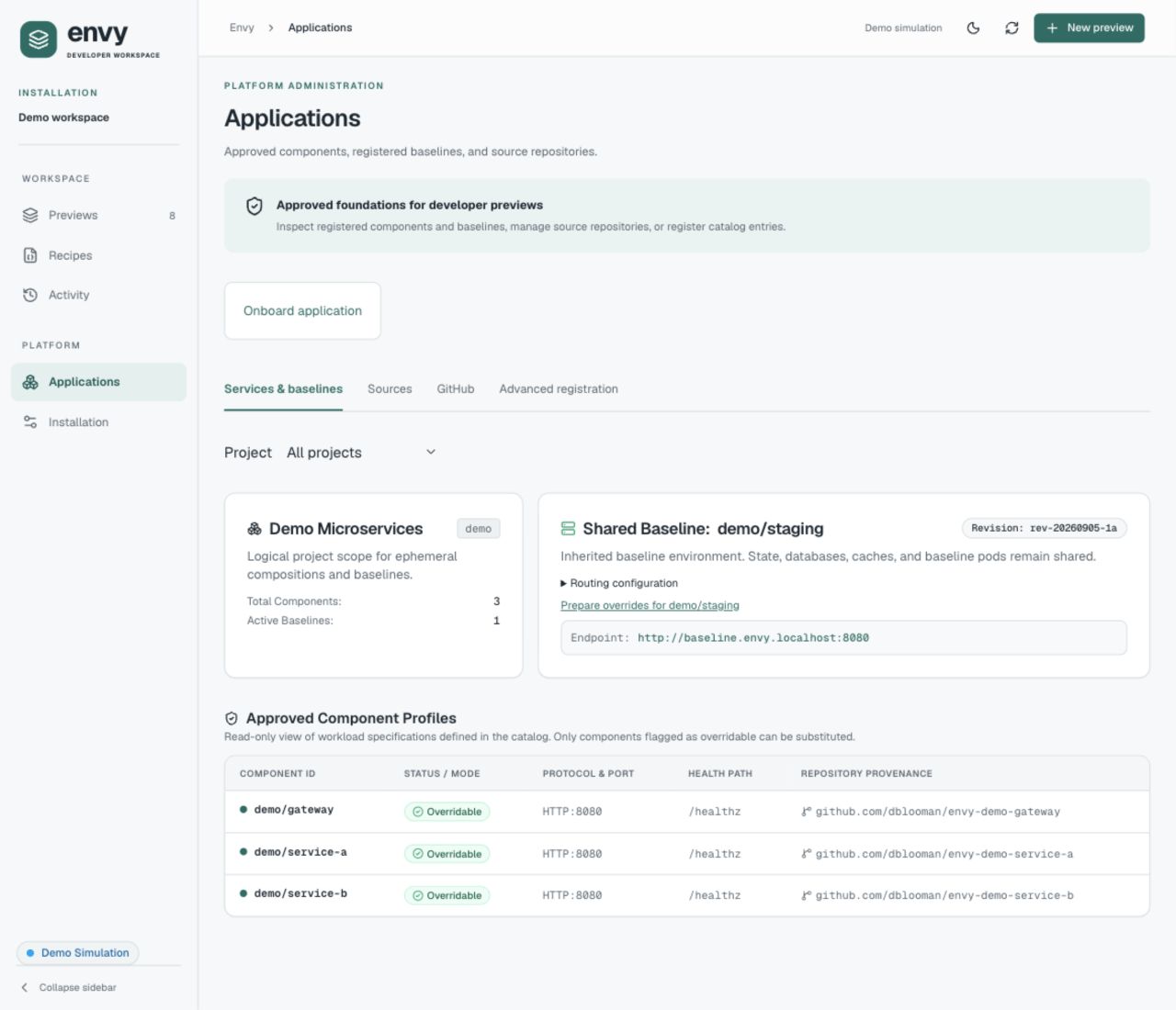 Applications page showing the Onboard application action, registered baseline, and approved component profiles in Demo simulation.