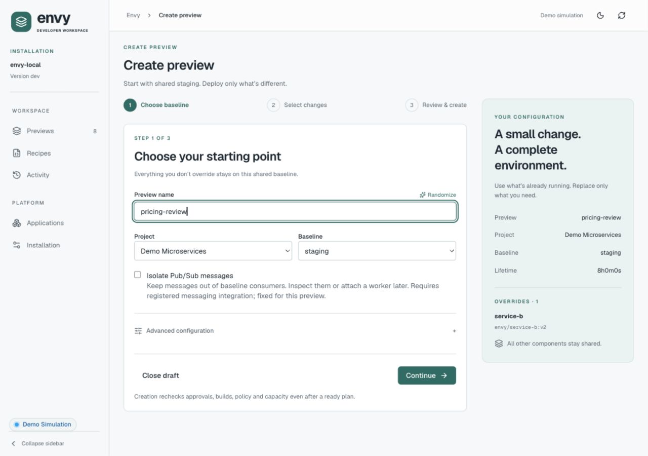 Choose baseline step with pricing-review as the name, Demo Microservices as the project, staging as the baseline, and the configuration summary.
