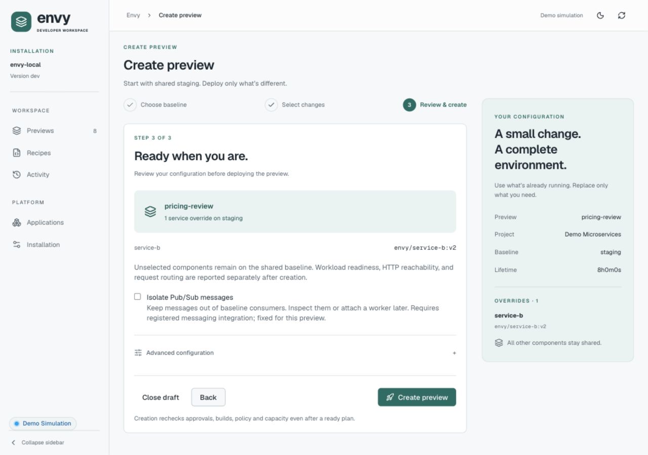 Review and create step summarizing the service-b override, shared baseline behavior, and final Create preview button.