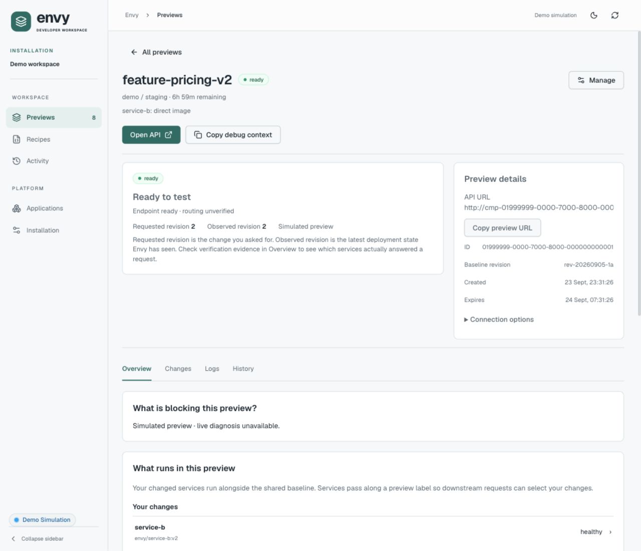 Preview Overview showing the API endpoint, requested and observed revisions, remaining lifetime, routing-unverified status, and unavailable live diagnosis in Demo simulation.