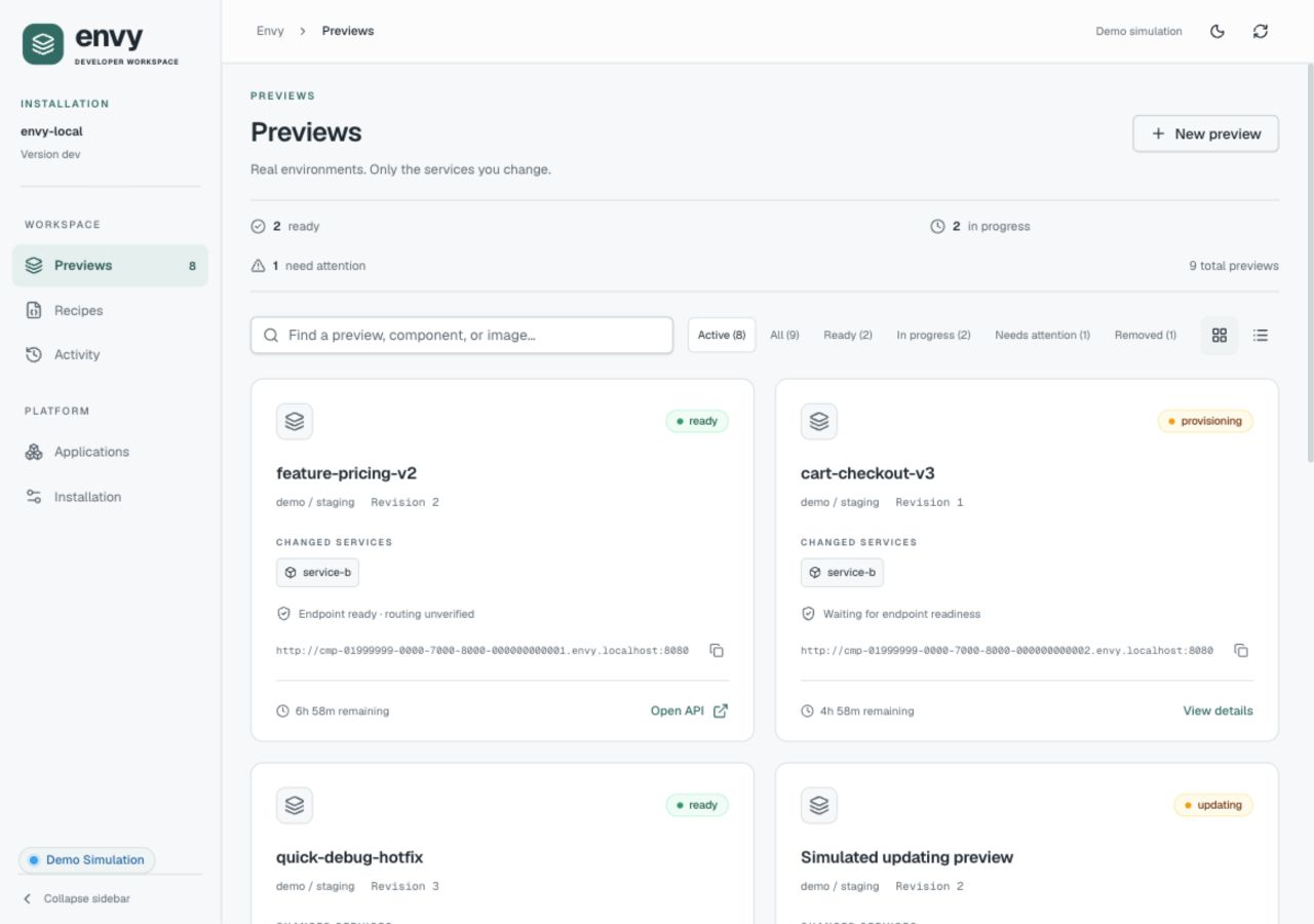 Preview list showing ready and provisioning cards, changed services, remaining lifetime, search, filters, and Open API actions.